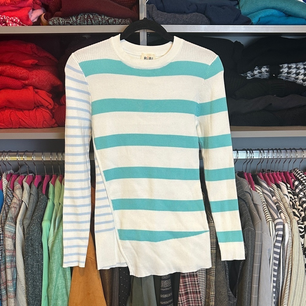 Bibi white/turquoise striped long sleeve crew neck sweater size S NWOT